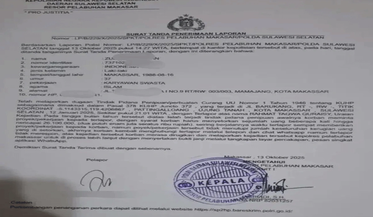 Anggota DPRD Makassar RTQ Dilaporkan ke Polisi Atas Dugaan Penipuan Dan Penggelapan Proyek